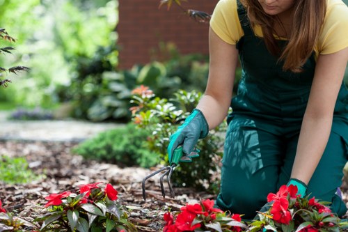 Gardener using protective equipment during outdoor maintenance